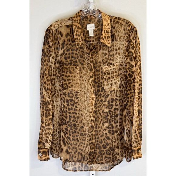 Chico’s 2 (M/L) Leopard Print Sheer Blouse Top Button Down Long Sleeve Pockets - Picture 1 of 10